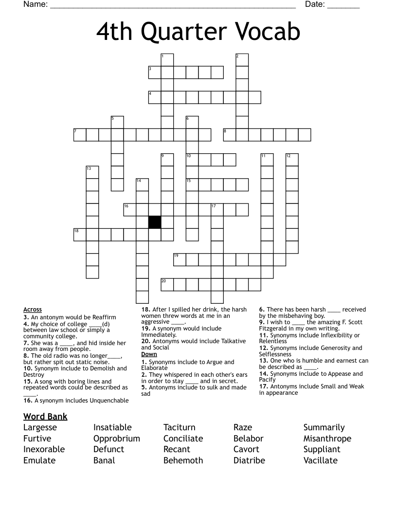 4th Quarter Vocab Crossword