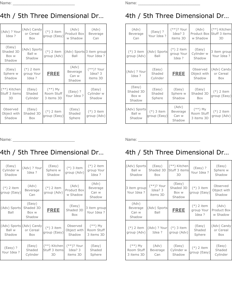 4th / 5th Three Dimensional Drawing Bingo Cards
