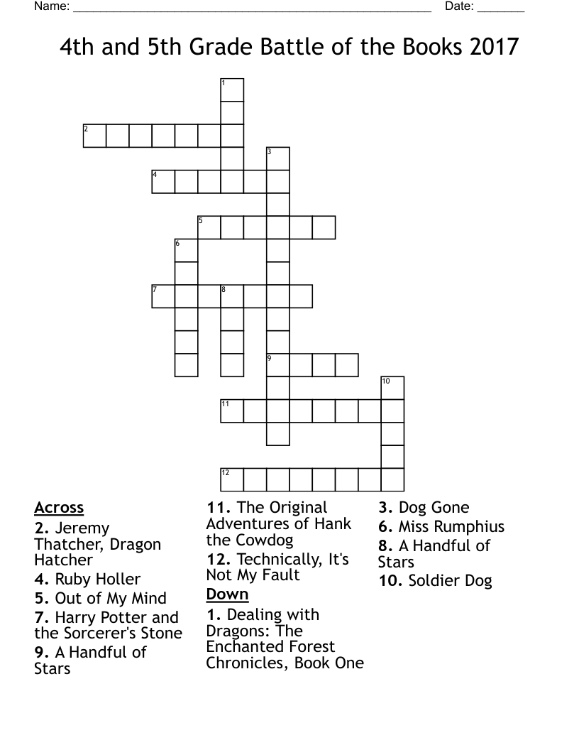 4th and 5th Grade Battle of the Books 2017 Crossword