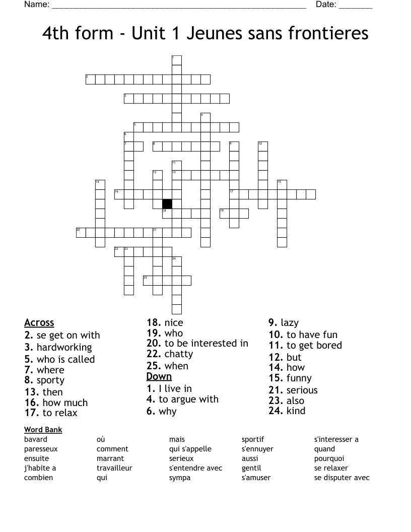 4th form - Unit 1 Jeunes sans frontieres Crossword