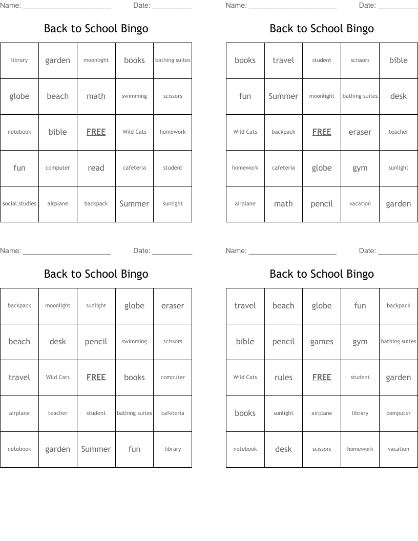 Back to School Bingo