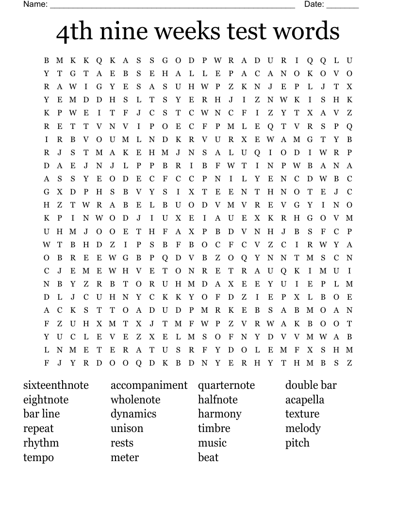4th nine weeks test words Word Search