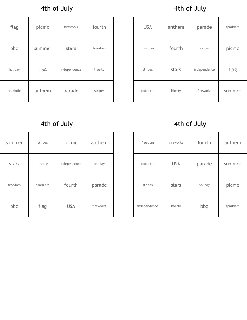 4th of July Bingo Cards