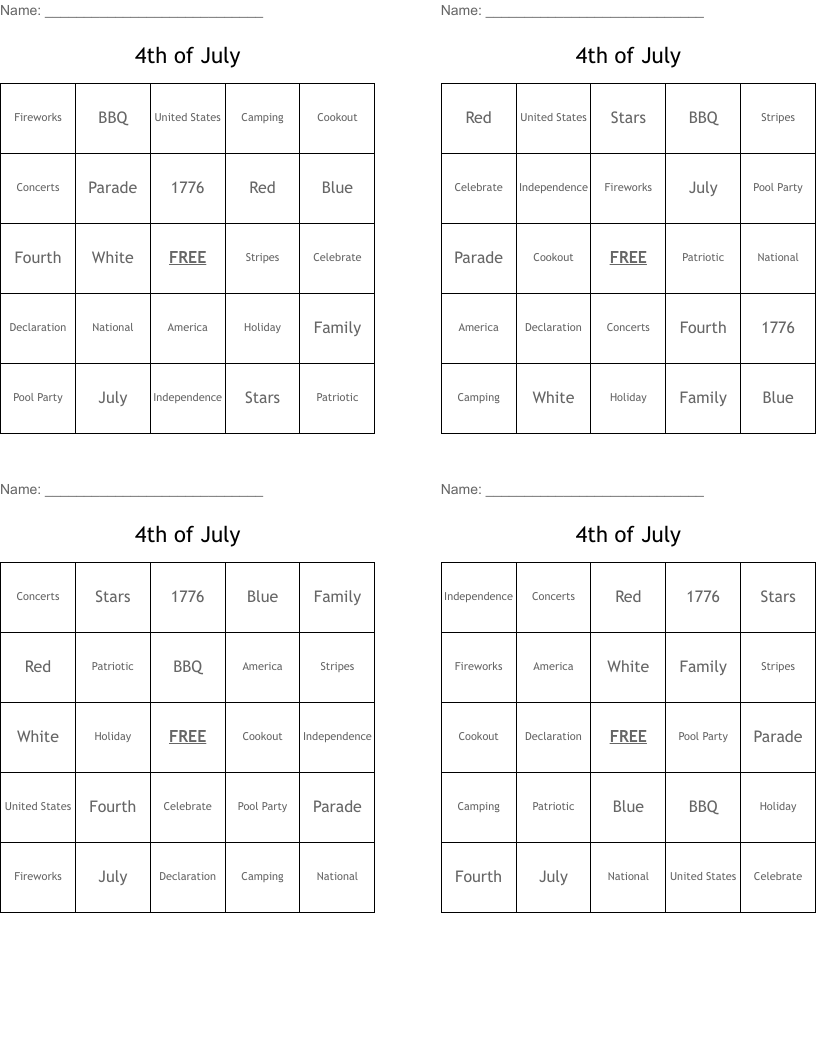 4th of July Bingo Cards
