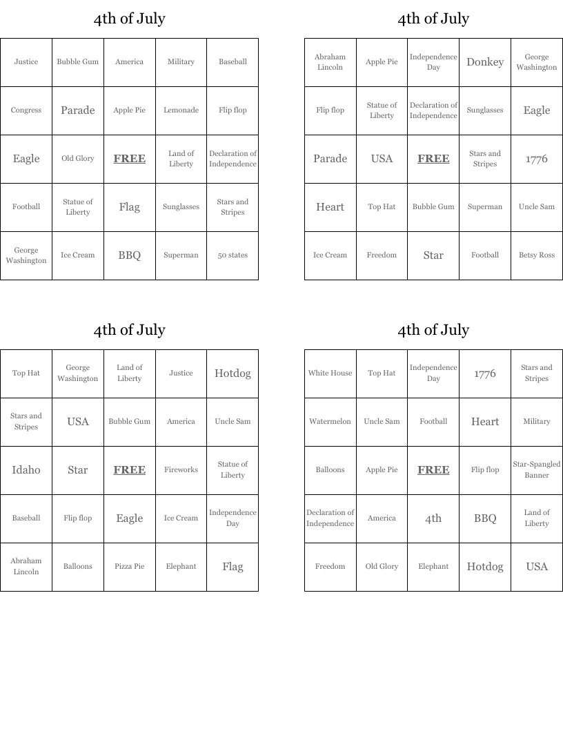 4th of July Bingo Cards