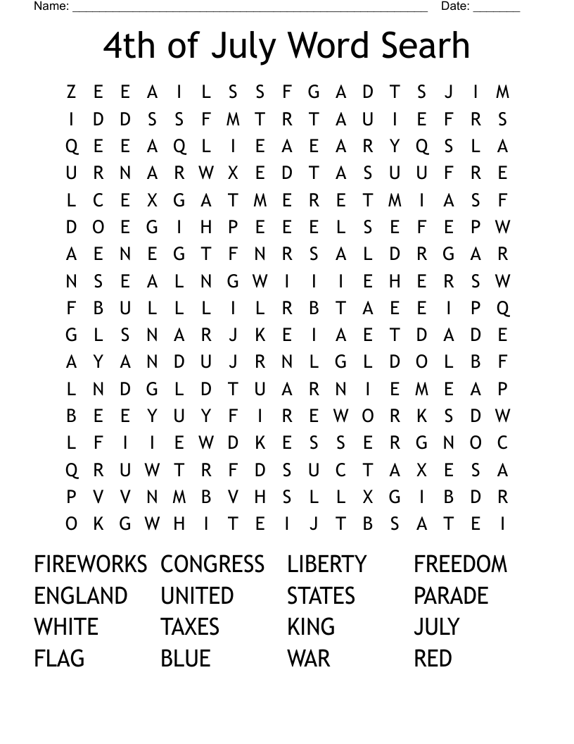 4th of July   Word Searh Word Search