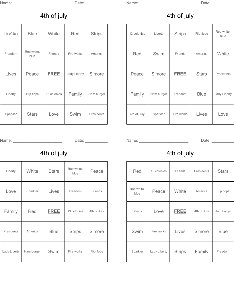 4th of july Bingo Cards