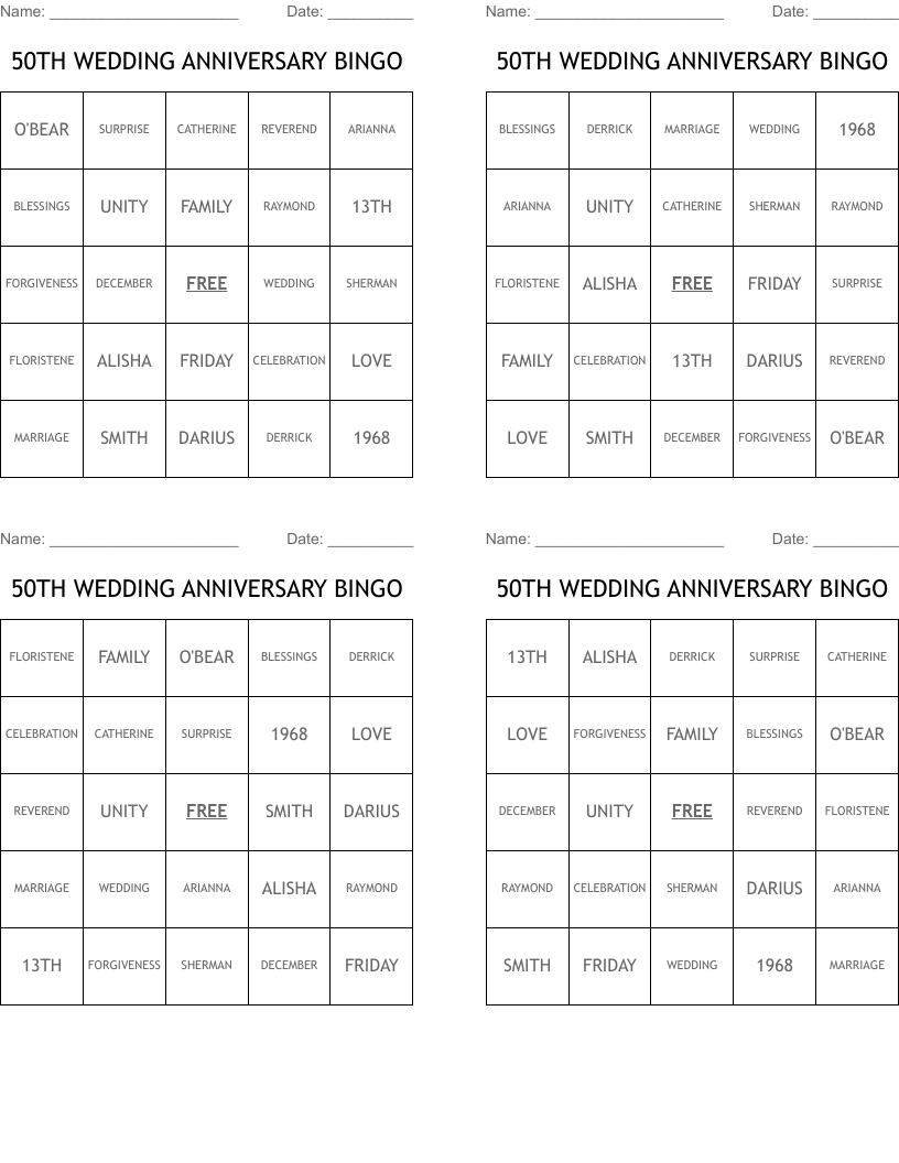 50TH WEDDING ANNIVERSARY BINGO