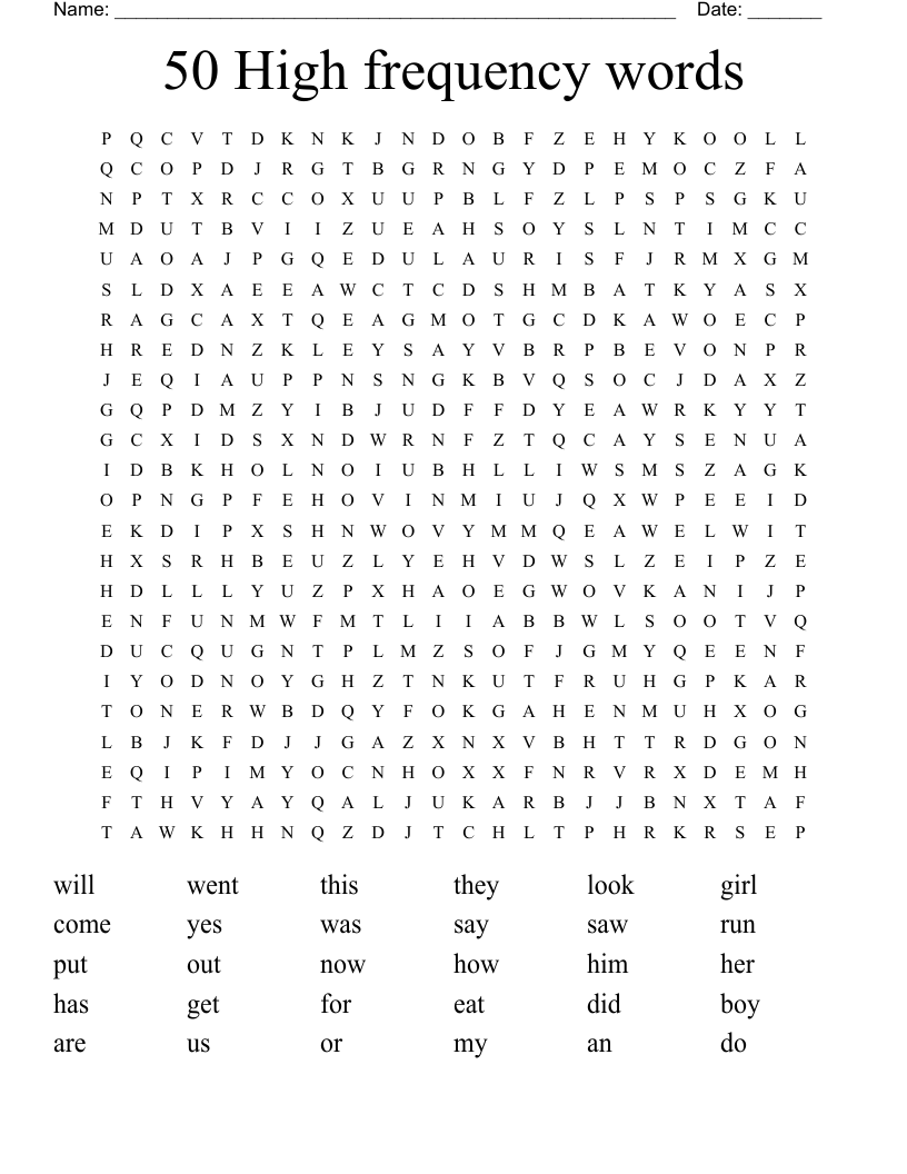 50 High frequency words Word Search