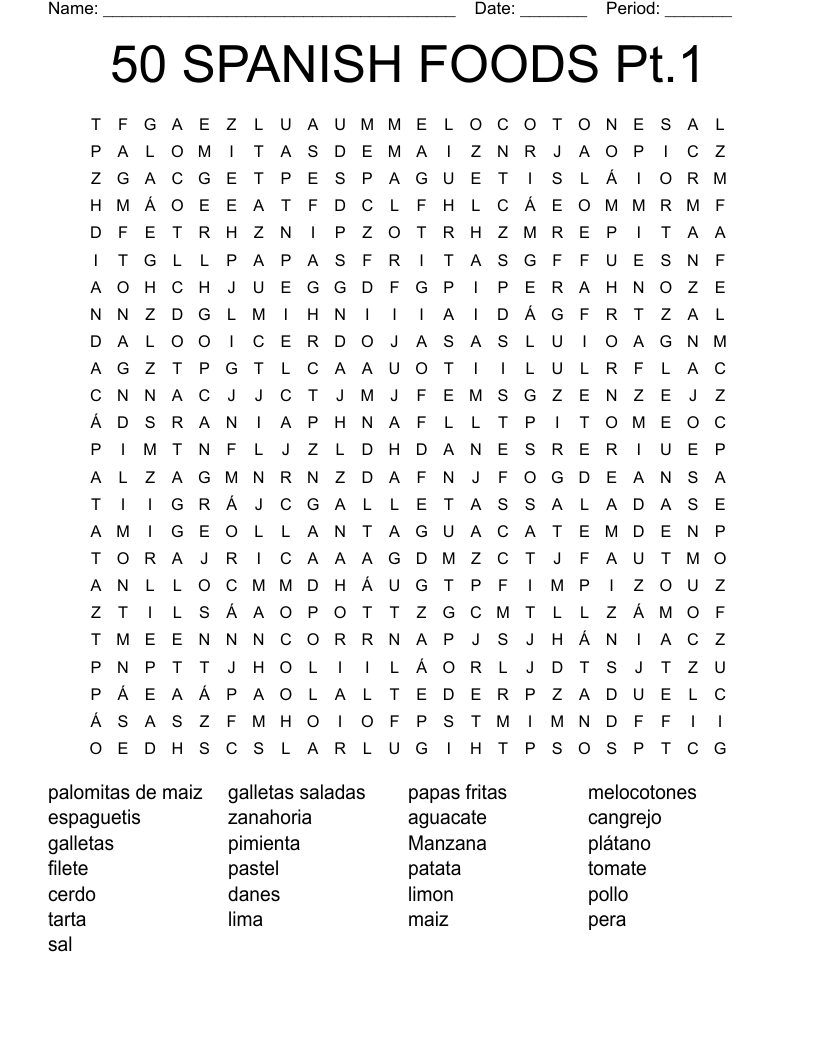 50 SPANISH FOODS Pt.1 Word Search