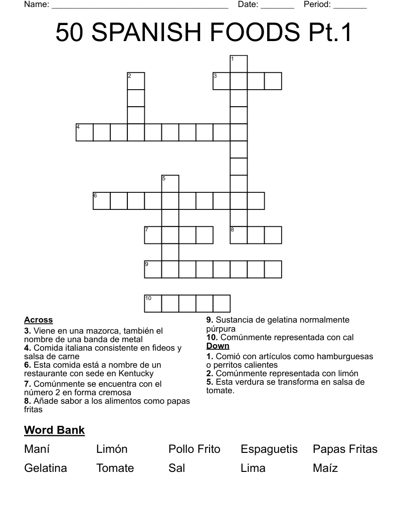 50 SPANISH FOODS Pt.1 Crossword