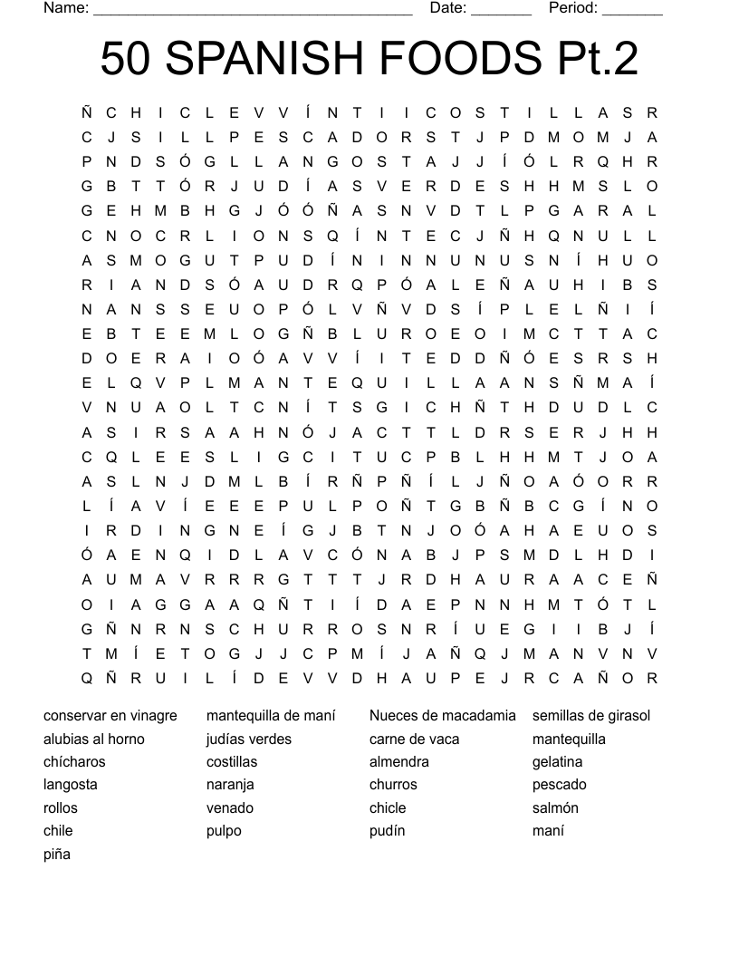 50 SPANISH FOODS Pt.2 Word Search