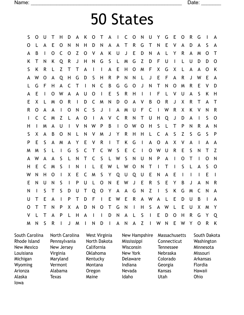 50 States Word Search