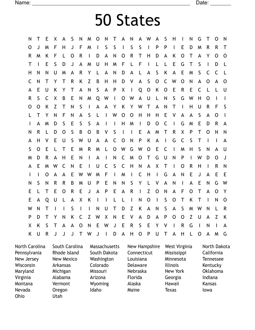 50 States Word Search