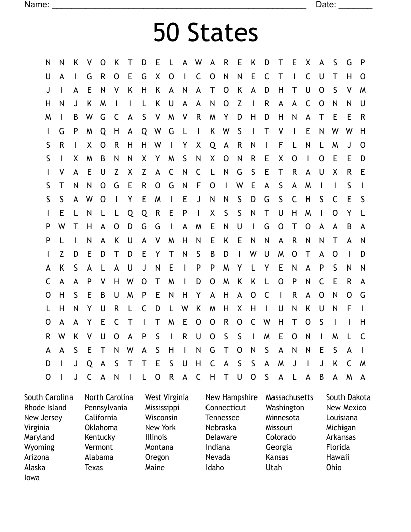 50 States Word Search