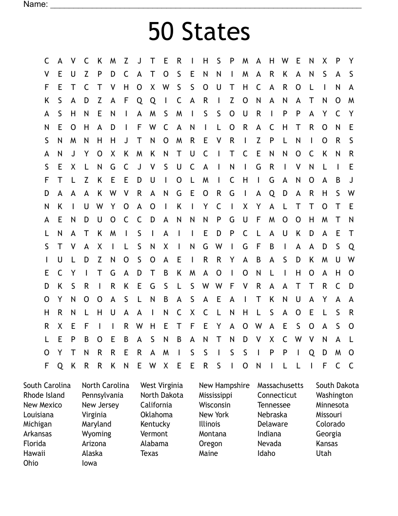 50 States Word Search