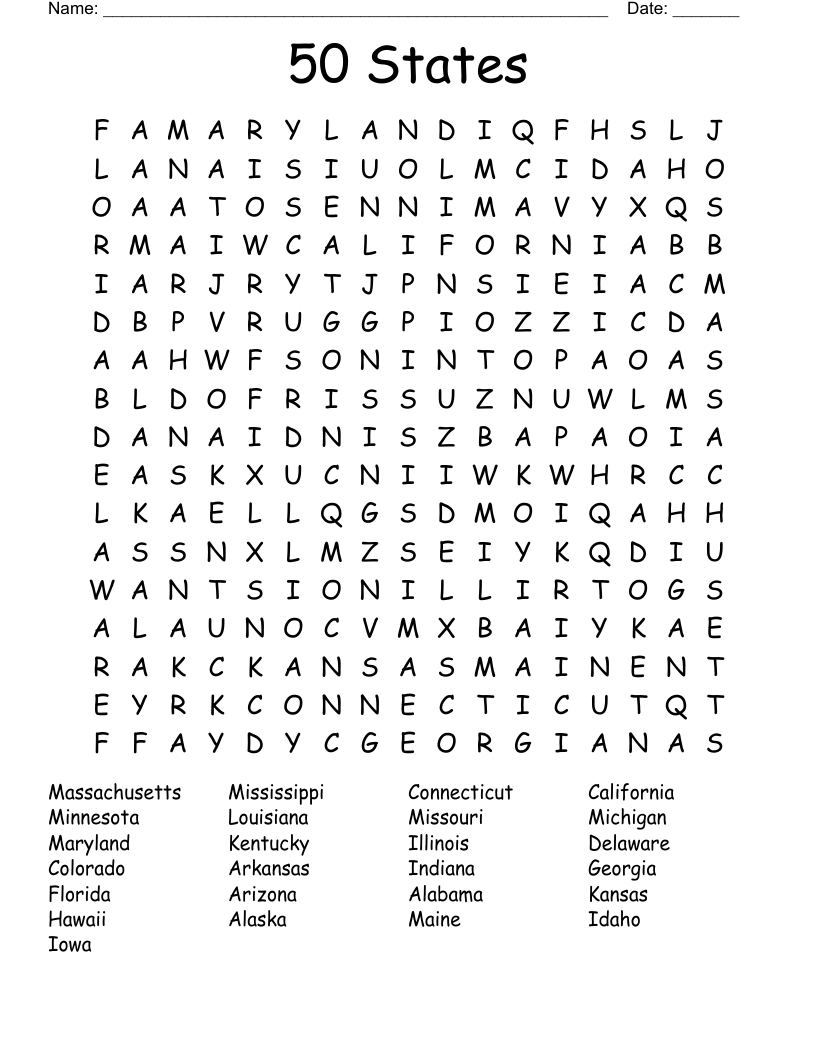 50 States Word Search