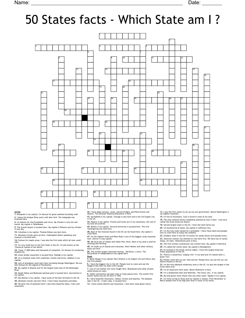 50 States facts - Which State am I ? Crossword