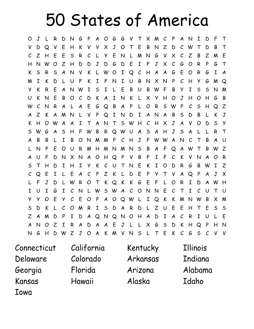 50 States of America Word Search