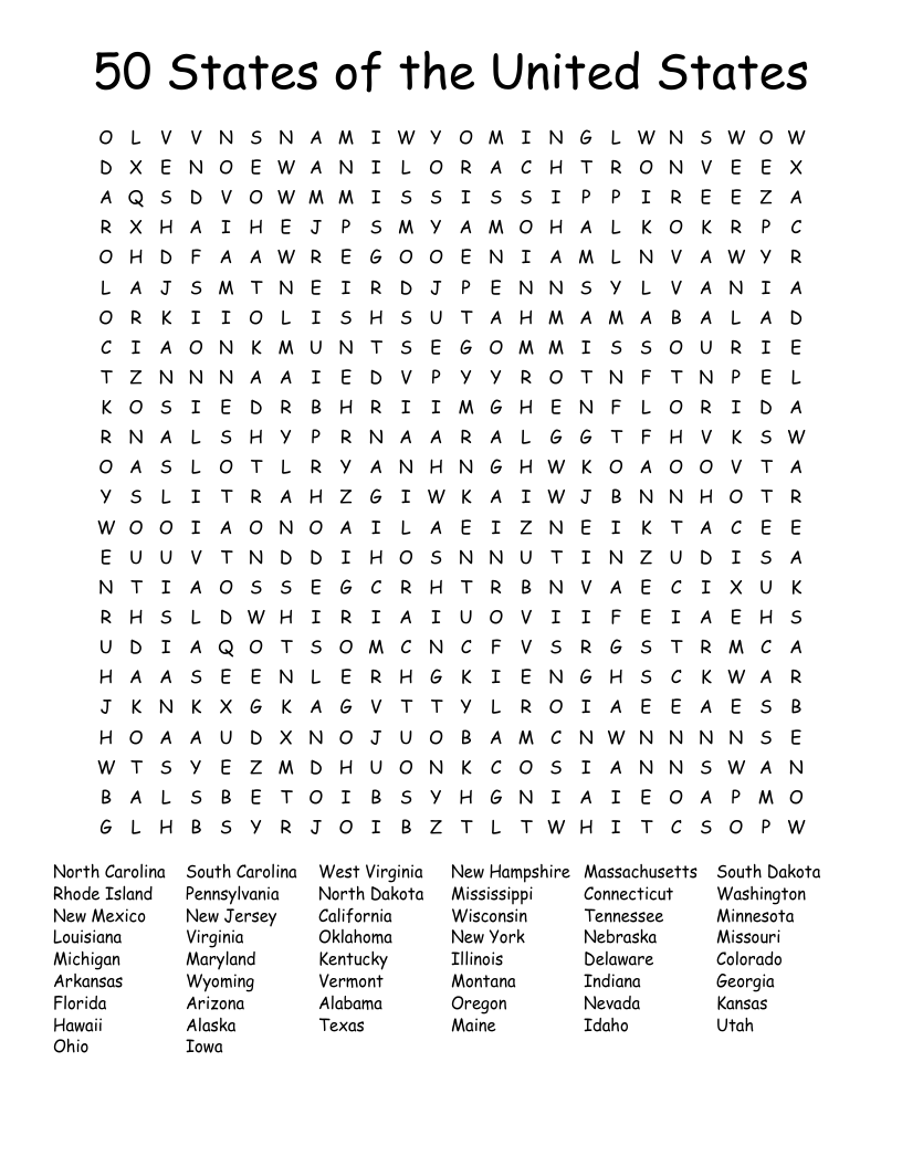 50 States of the United States Word Search
