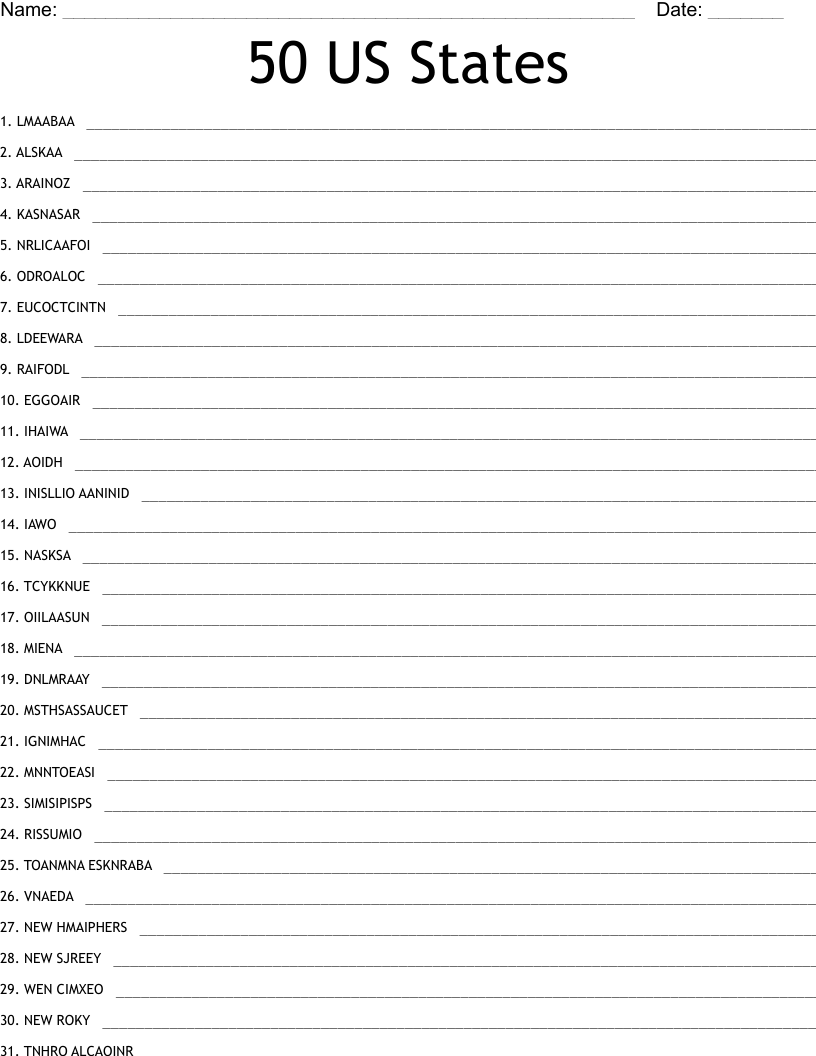 50 US States Word Scramble