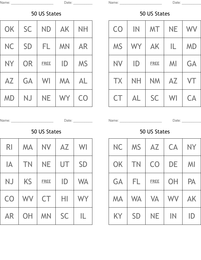 50 US States Bingo Cards