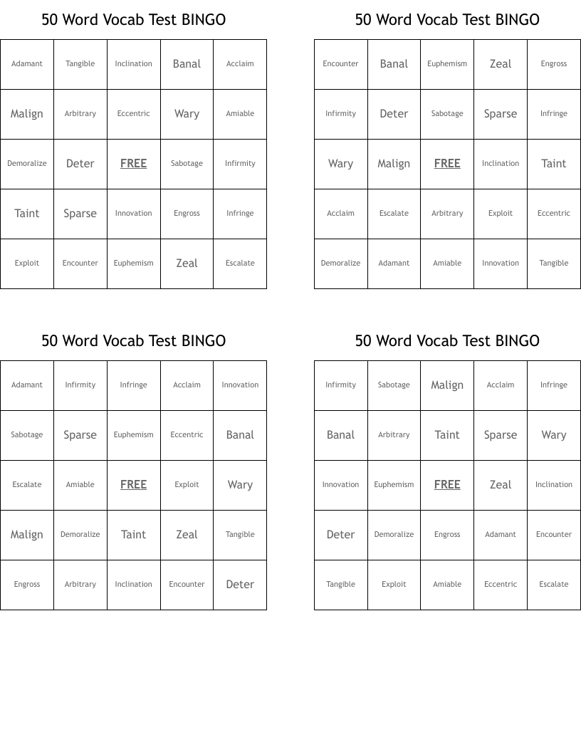 50 Word Vocab Test BINGO