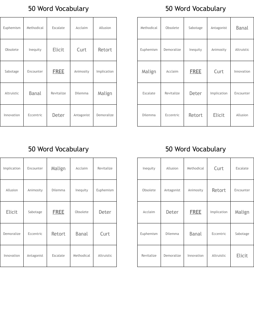 50 Word Vocabulary Bingo Cards