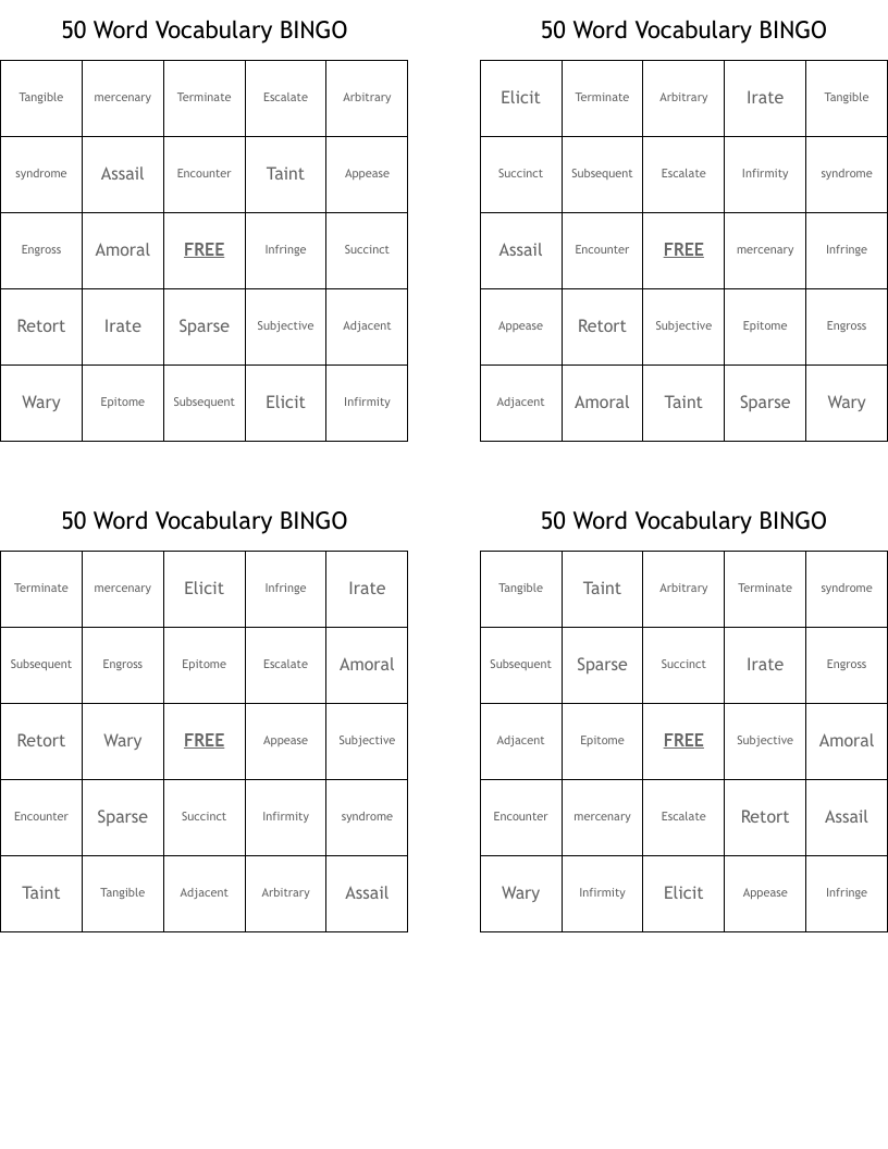 50 Word Vocabulary BINGO