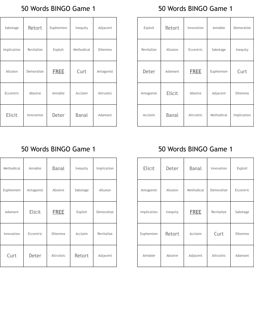 50 Words BINGO Game 1