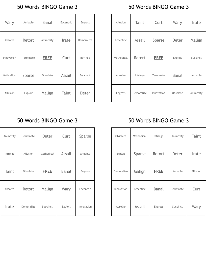 50 Words BINGO Game 3