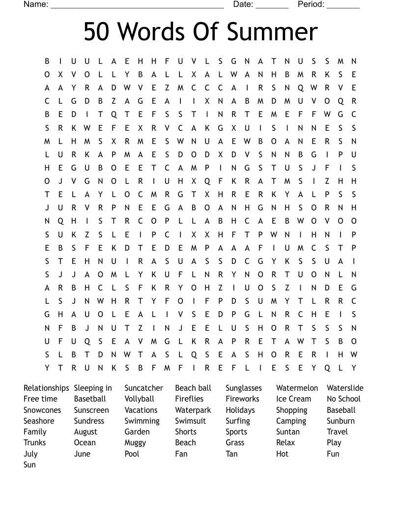 50 Words Of Summer  Word Search