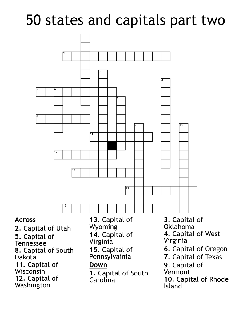 50 states and capitals part two Crossword