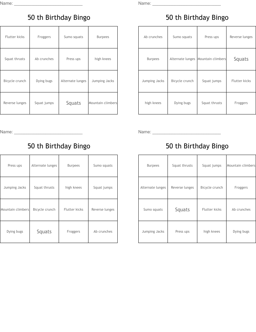 50 th Birthday Bingo