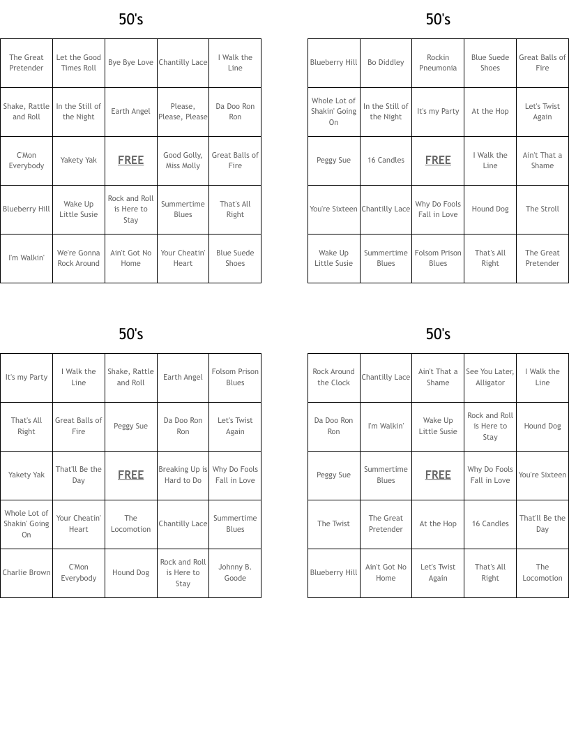50's Bingo Cards