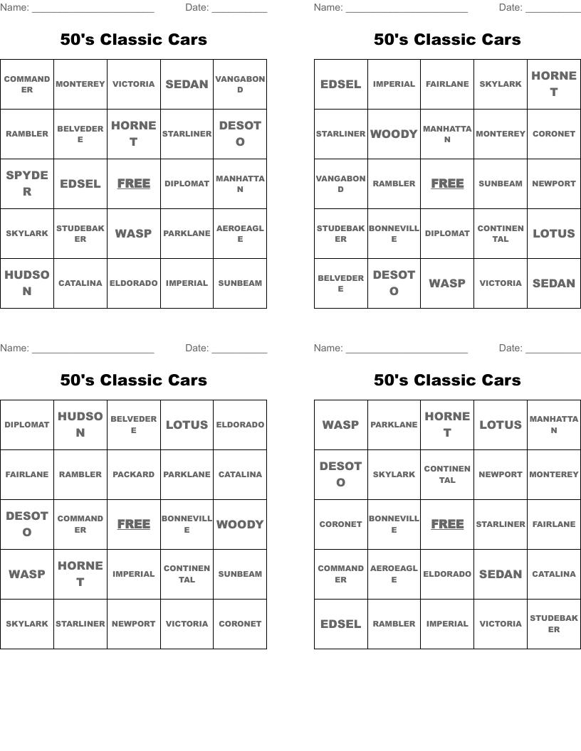 50's Classic Cars Bingo Cards