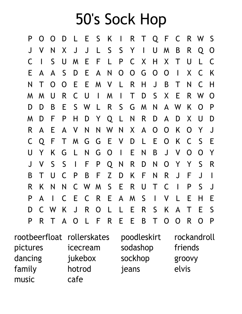 50's Sock Hop Word Search