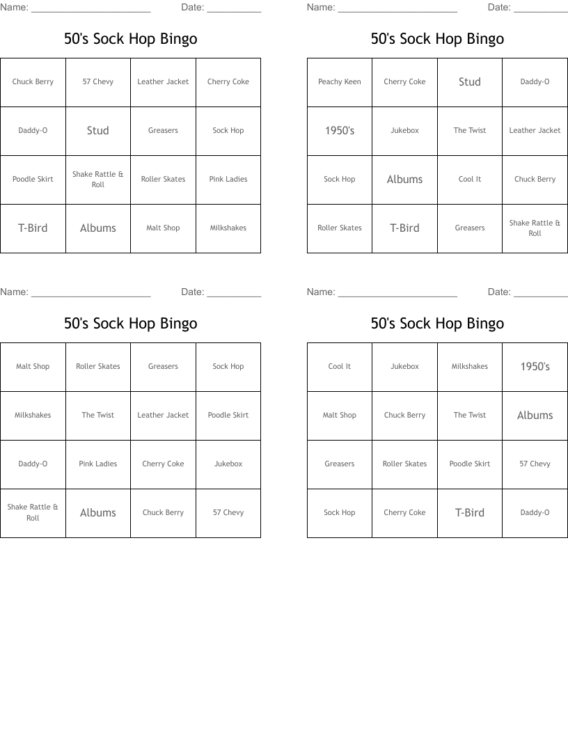 50's Sock Hop Bingo