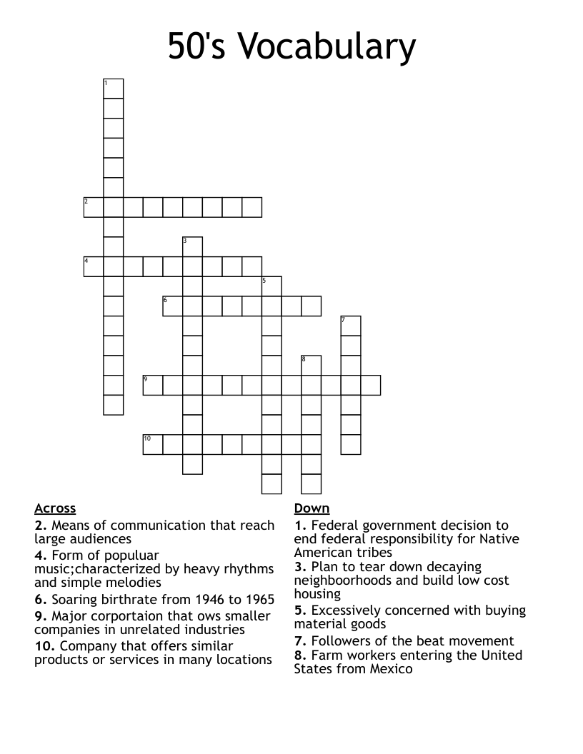 50's Vocabulary Crossword