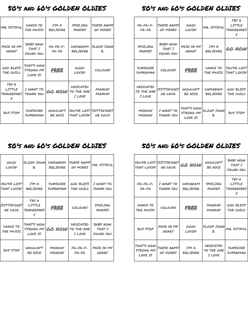 50's and 60's GOLDEN OLDIES Bingo Cards