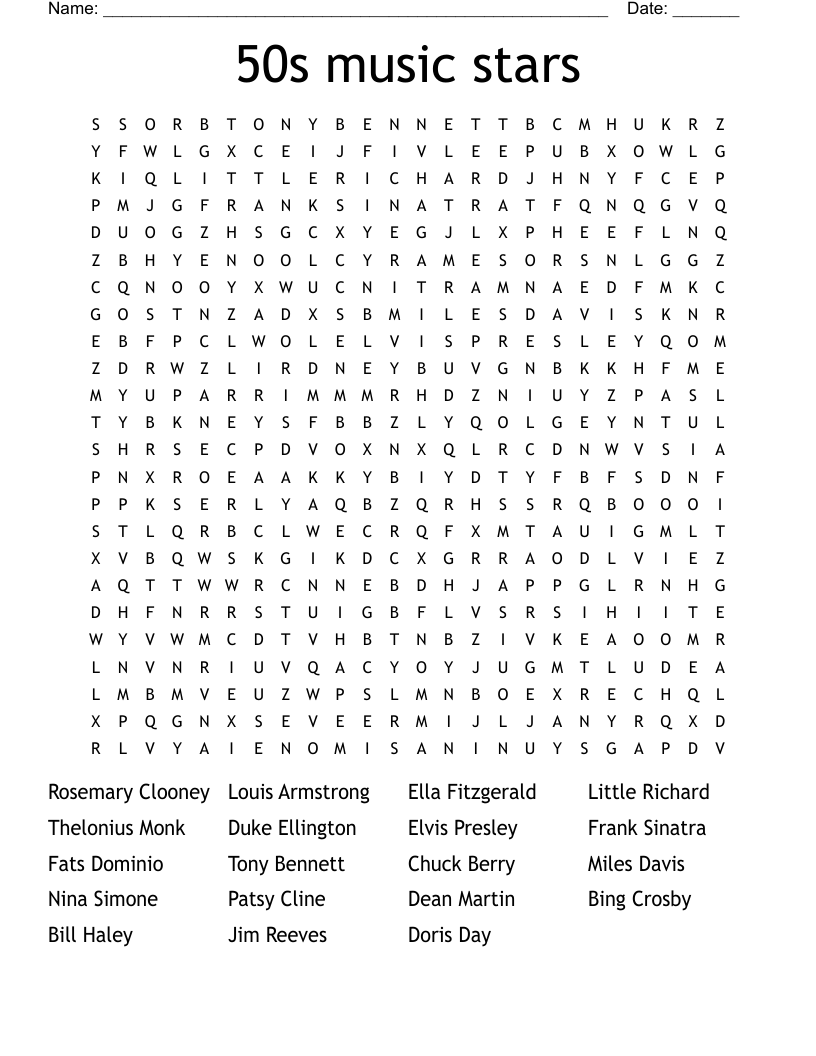 50s music stars Word Search