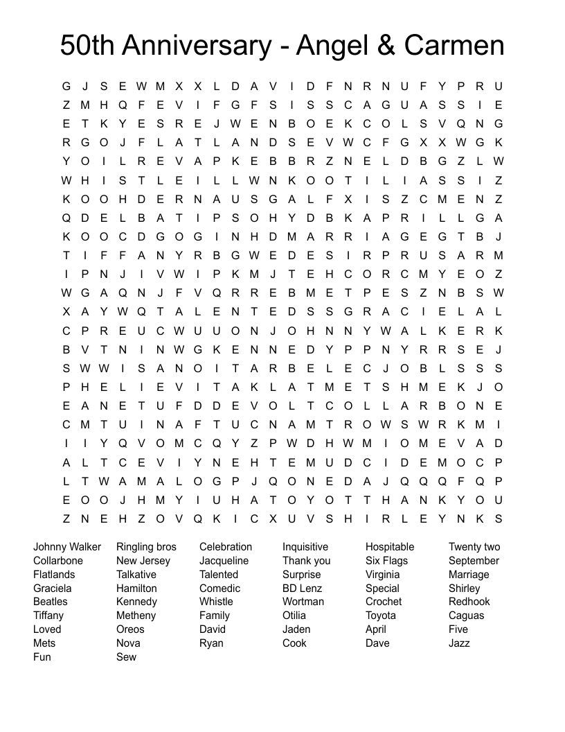 50th Anniversary - Angel & Carmen Word Search