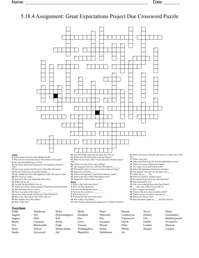 5.18.4 Assignment: Great Expectations Project Due Crossword Puzzle