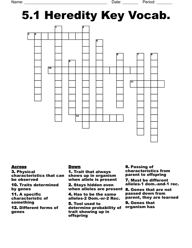 5.1 Heredity Key Vocab.  Crossword