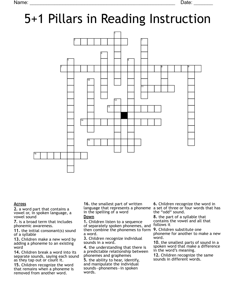 5+1 Pillars in Reading Instruction Crossword