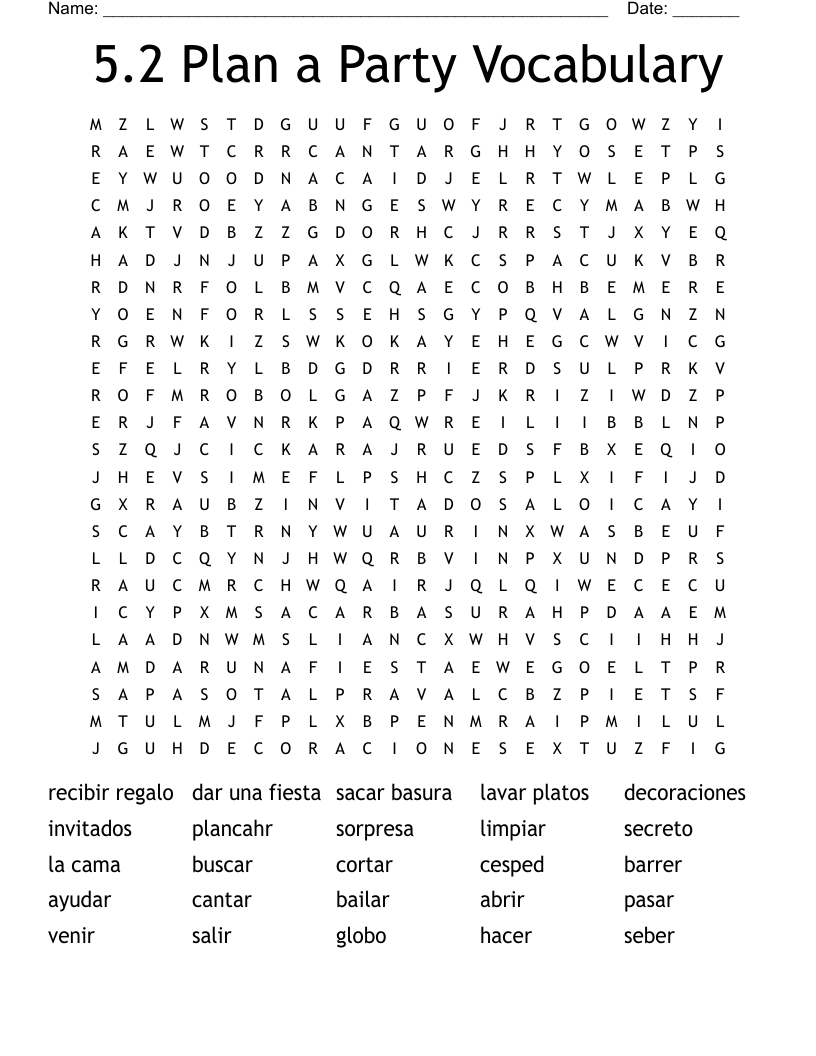 5.2 Plan a Party Vocabulary Word Search
