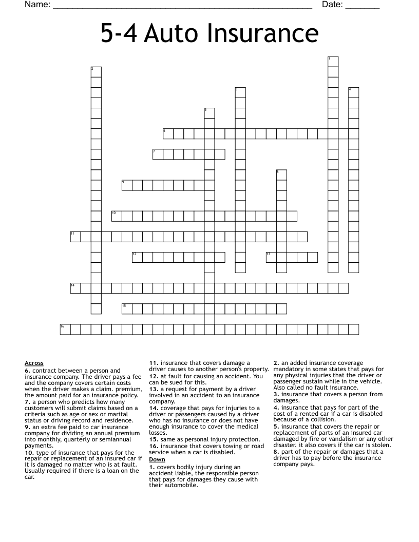 5-4 Auto Insurance  Crossword