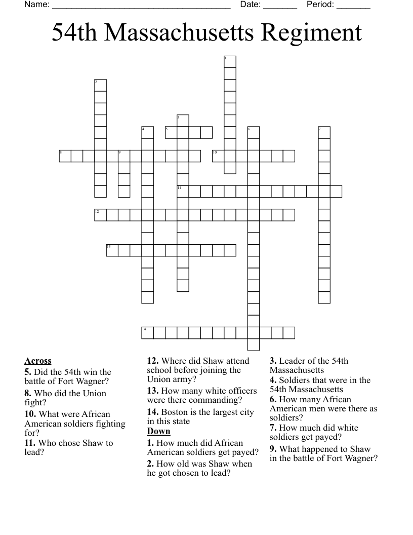 54th Massachusetts Regiment Crossword