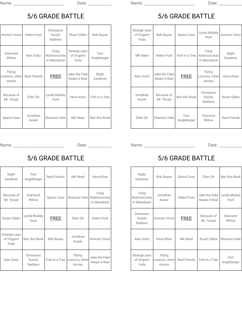 5/6 GRADE BATTLE Bingo Cards