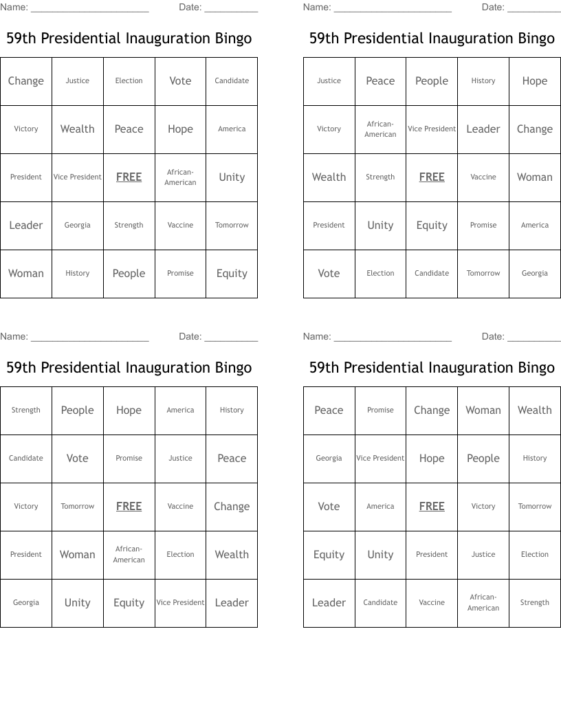 59th Presidential Inauguration Bingo